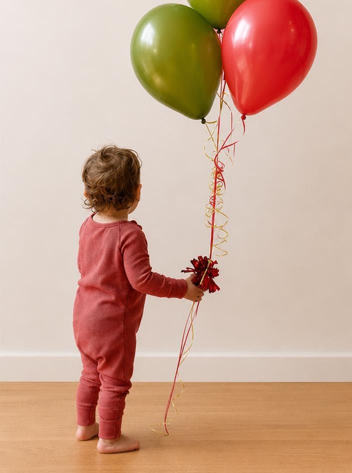 A child standing at a front door beside a balloon