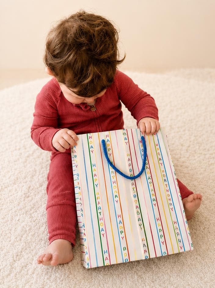 A child looking into a birthday bag
